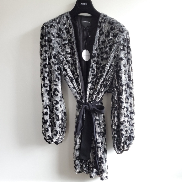 Retrofete Gabrielle Sequin Robe Wrap Silver Leopard Mini Dress NWT Size Medium - Picture 14 of 15